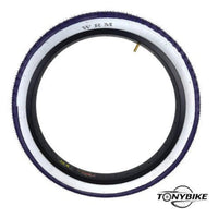 Llanta para bicicleta TONYBIKESGDL rodado 20x2.125 de nylon con banda de rodadura púrpura y flancos laterales blancos.