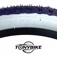 Par de llantas TONYBIKESGDL rodado 20x2.125 con banda de rodadura púrpura y flancos laterales blancos de nylon.