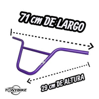 Manubrio de BMX TONYBIKESGDL color morado de 71 cm de largo y 29 cm de altura para freestyle y uso urbano intenso.