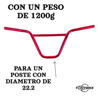 Manubrio BMX TONYBIKESGDL color rojo brillante de 71 cm de largo y 24 cm de altura para postes de 22.2 mm