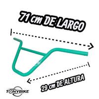 Manubrio de BMX TONYBIKESGDL color verde menta con 71 cm de largo y 29 cm de altura para mayor control y resistencia.