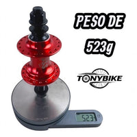 Maza de aluminio roja TONYBIKESGDL de 36 hoyos para bicicleta sobre báscula digital marcando 523 gramos