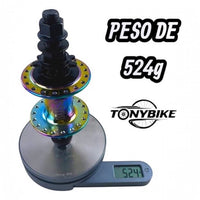 Maza trasera de aluminio TONYBIKESGDL con acabado tornasol, 36 hoyos y driver de 9 dientes pesada en báscula digital.
