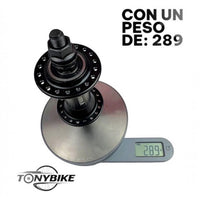 Maza delantera Gorilla negra de TONYBIKESGDL pesando 289 gramos en una báscula digital para componentes de bicicleta
