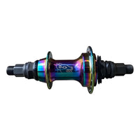 Maza trasera TONYBIKESGDL para BMX con acabado iridiscente oil slick, eje reforzado y logo grabado de alta resistencia