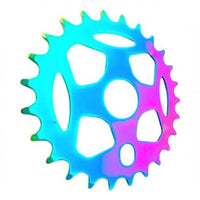 Plato de acero para bicicleta TONYBIKESGDL con acabado tornasol iridiscente y diseño ergonómico de alta resistencia.
