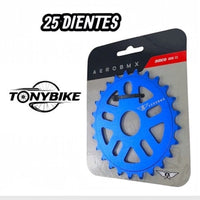 Plato de aluminio azul Aerobmx de 25 dientes para bicicleta BMX, marca TONYBIKESGDL, en su empaque original.