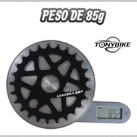 Plato Aerobmx 25T de aluminio negro mate para bicicleta BMX de la marca TONYBIKESGDL pesando 85 gramos en báscula