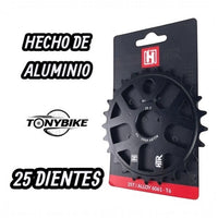 Plato de bicicleta BMX TONYBIKESGDL de 25 dientes fabricado en aluminio 6061-T6 negro mate en su empaque original.