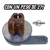 Potencia de bicicleta de montaña TONYBIKESGDL de aluminio en color bronce sobre báscula digital con peso de 271 gramos