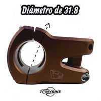 Potencia de bicicleta de montaña TONYBIKESGDL de aluminio en color bronce con diámetro de 31.8 mm y diseño robusto.