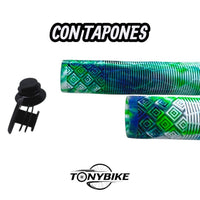 Puños antideslizantes TONYBIKESGDL para bicicleta en tonos verde, azul y blanco con textura ergonómica y tapones.