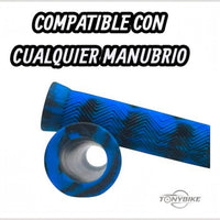 Puños TONYBIKESGDL para bicicleta en color azul y negro con textura ergonómica en zigzag y tapones incluidos