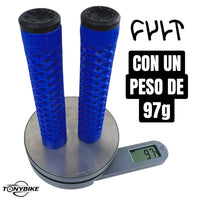 Puños de bicicleta TONYBIKESGDL azules con patrón de suela waffle y tapones negros, pesando 97 gramos en báscula.