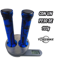 Puños de manubrio TONYBIKESGDL azules con patrón estriado negro, diseño antideslizante y peso de 132 gramos.
