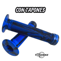 Puños para bicicleta TONYBIKESGDL en color azul con patrón estriado negro, antideslizantes y con tapones incluidos.