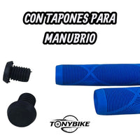 Puños de bicicleta TONYBIKESGDL en color azul con textura ergonómica y tapones negros para manubrio