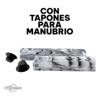 Puños TONYBIKESGDL para bicicleta en color blanco y negro con diseño jaspeado, textura geométrica y tapones incluidos.