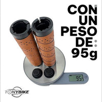 Puños para bicicleta TONYBIKESGDL de cuero sintético marrón con perforaciones y abrazaderas de bloqueo sobre báscula
