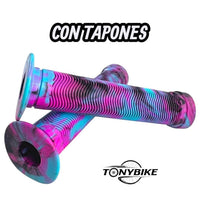 Puños para bicicleta TONYBIKESGDL con diseño jaspeado en azul, rosa y negro, textura ergonómica y tapones incluidos.