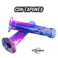 Puños TONYBIKESGDL para bicicleta con diseño marmoleado en azul, rosa y blanco, textura ergonómica y tapones incluidos.