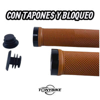 Puños TONYBIKESGDL marrones antideslizantes para bicicleta con sistema de bloqueo y tapones laterales negros
