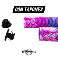 Puños TONYBIKESGDL para bicicleta con patrón geométrico multicolor rosa, azul y violeta y tapones finales negros.