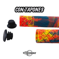 Puños para manubrio TONYBIKESGDL con patrón geométrico multicolor, textura antideslizante y tapones de extremo negros.