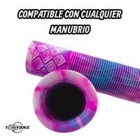 Puños para manubrio TONYBIKESGDL con diseño geométrico multicolor en tonos rosa, azul y violeta y textura antideslizante