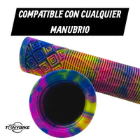 Puños para bicicleta TONYBIKESGDL con diseño tie-dye multicolor, patrón geométrico antideslizante y estilo ergonómico.