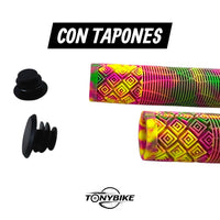 Puños TONYBIKESGDL para bicicleta con patrón geométrico multicolor antideslizante y tapones negros incluidos