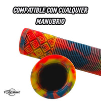 Puños TONYBIKESGDL para bicicleta con patrón geométrico antideslizante en colores vibrantes rojo, amarillo y azul