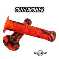 Puños de caucho TONYBIKESGDL para bicicleta en color naranja y negro con textura acanalada y tapones incluidos
