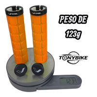 Puños para bicicleta TONYBIKESGDL de color naranja con patrón hexagonal y sistema de bloqueo, pesando 123 gramos.