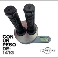 Puños de bicicleta TONYBIKESGDL negros de goma ergonómica con patrón de agarre y tapones, pesando 141 gramos.