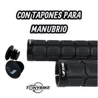 Puños TONYBIKESGDL para manubrio de bicicleta en color negro con textura hexagonal antideslizante y tapones incluidos.