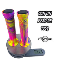 Puños TONYBIKESGDL para bicicleta con diseño tie-dye neón, textura estriada antideslizante y tapones incluidos.