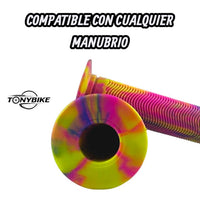 Puños para manubrio TONYBIKESGDL con diseño tie-dye neón, textura estriada antideslizante y ergonómica para bicicleta.