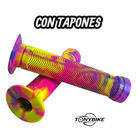 Puños para bicicleta TONYBIKESGDL con diseño tie-dye neón, textura estriada antideslizante y tapones incluidos.