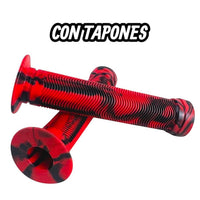 Puños para bicicleta TONYBIKESGDL en color rojo y negro con diseño marmolado, textura estriada y tapones incluidos.