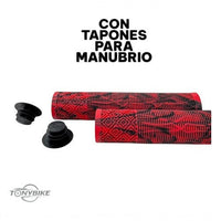 Puños TONYBIKESGDL de caucho rojo y negro con diseño ergonómico, textura antideslizante y tapones para manubrio incluidos.
