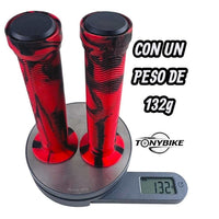 Puños para bicicleta TONYBIKESGDL en color rojo y negro con diseño marmolado, textura estriada y tapones de extremo.
