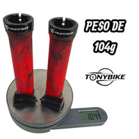 Puños para bicicleta Hunter rojos y negros con tapones, pesando 104 gramos, disponibles en TONYBIKESGDL.