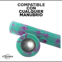 Puños TONYBIKESGDL para bicicleta en color turquesa y magenta con patrón geométrico antideslizante y tapones