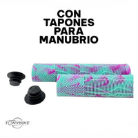 Puños TONYBIKESGDL para bicicleta en turquesa y magenta con patrón geométrico antideslizante y tapones incluidos