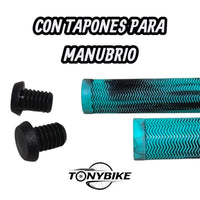 Puños TONYBIKESGDL para bicicleta en color turquesa y negro con patrón ergonómico en zigzag y tapones incluidos.