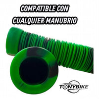 Puños TONYBIKESGDL para bicicleta en color verde y negro con textura acanalada antideslizante y tapones incluidos.