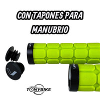 Puños de goma verde neón TONYBIKESGDL con textura hexagonal y tapones negros para manubrio de bicicleta