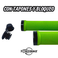 Puños antideslizantes TONYBIKESGDL verde neón con textura de diamante, sistema de bloqueo y tapones para manillar MTB.