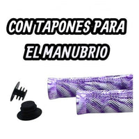 Puños para bicicleta TONYBIKESGDL con diseño marmoleado violeta y blanco, patrón en zigzag y tapones para manubrio.